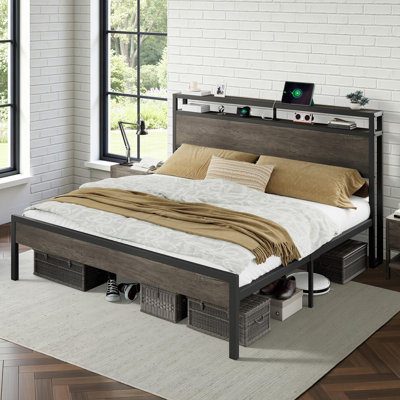 Tryston Bed Frame Industrial Platform Bed with Charging Station