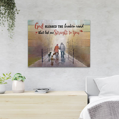 «Old Couple With Dogs - God Blessed The Broken Road», reproduction d'art graphique sur toile tendue