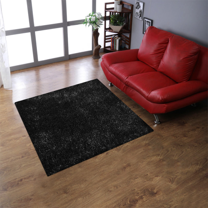Kenshawn Hand Tufted Shag Polyester Eco-Friendly Area Rugs - Square, Black Color, Plain Solid Design, High Pile Thick Handmade Anti Skid Area Rugs for Living Room, Bed Room