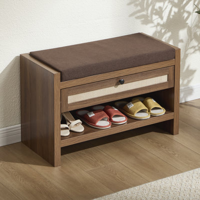 Banc d'entrée pour chaussures avec coussin rembourré, tiroir de rangement et tablette ouverte, banc d'appoint en bois robuste pour le couloir