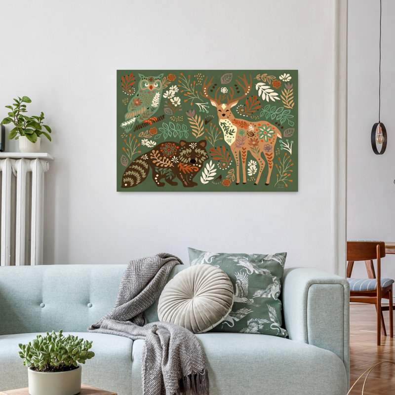 Wooded Hideaway II Abstract Contemporary Bird Deer Owl Wildlife Wall Art Print 1 Piece Wrapped Canvas Wall Art