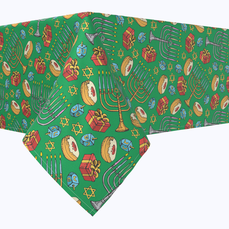 Geometric Hanukkah Tablecloth, 60" x 60", Dreidels Donuts and Decorations