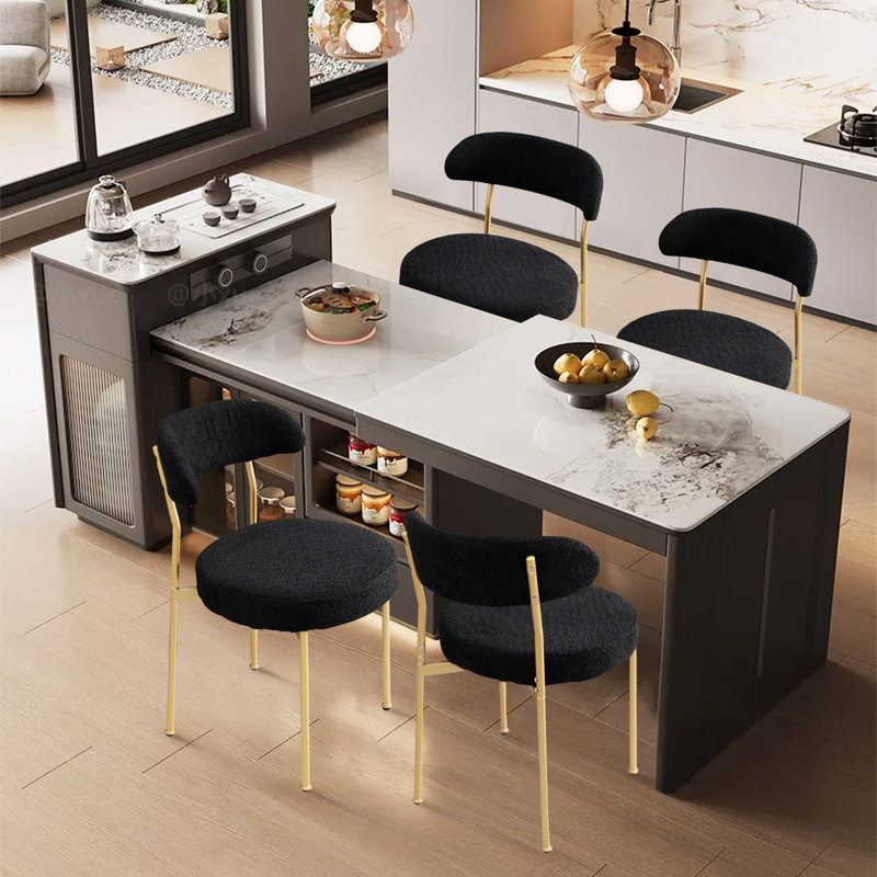 Modern Sherpa Boucle Upholstered Dining Chair, Black, White, 2