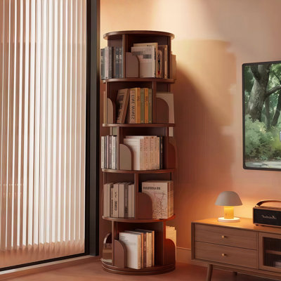Bibliothèque 360 ° rotative à 5 niveaux pour les petits espaces dans la chambre à coucher, le salon, la maison - noyer, et la maison ronde rotative multifonctionnelle, économisant de l'espace