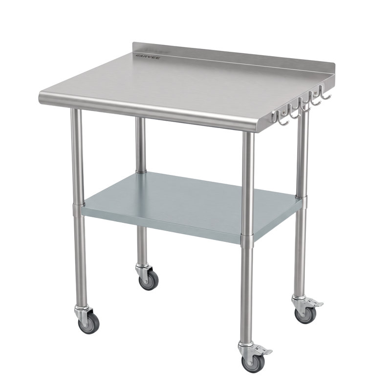 24x36" Commercial Stainless Steel Prep Table Wheels & Hooks, Adjustable Shelf & Backsplash