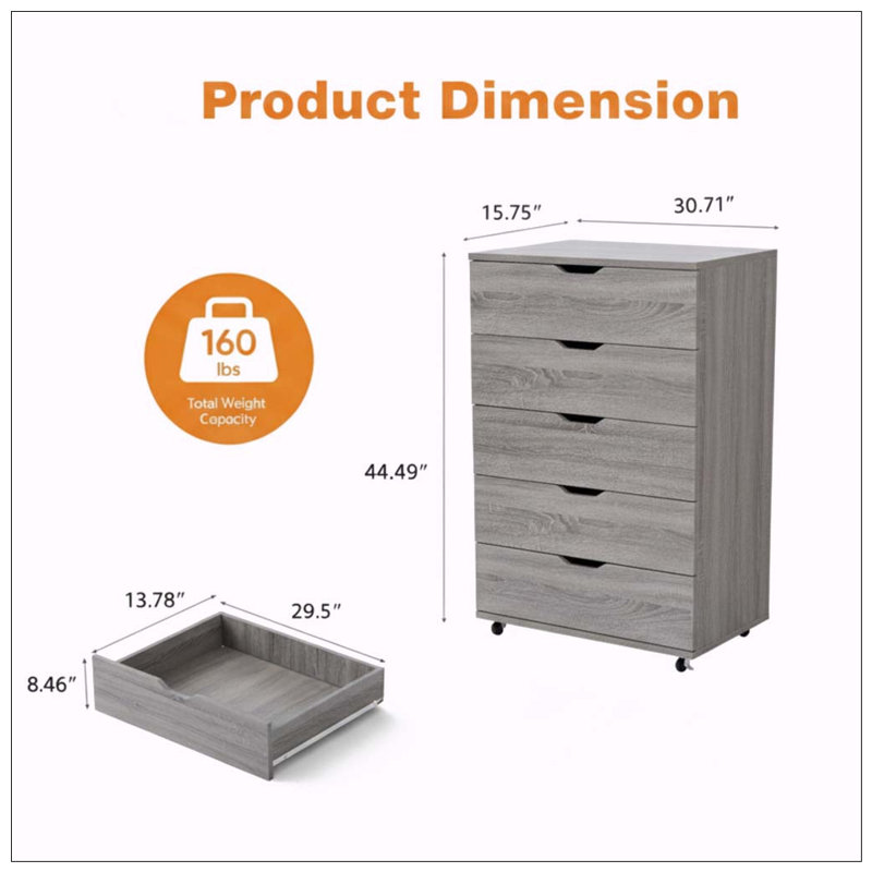 Commode mobile à 5 tiroirs avec roulettes, Gris