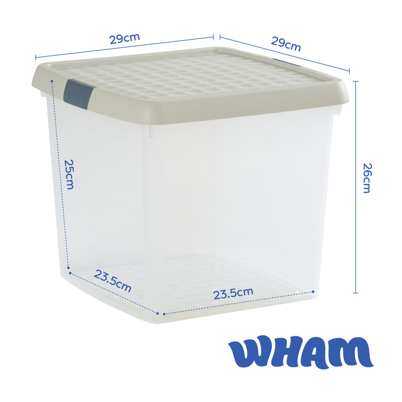 Wham Clip 14L Square Plastic Storage Boxes with Secure Clip Lock Lids. L:29 x W:29 x H:26cm, Clear/Green Milieu/Stone