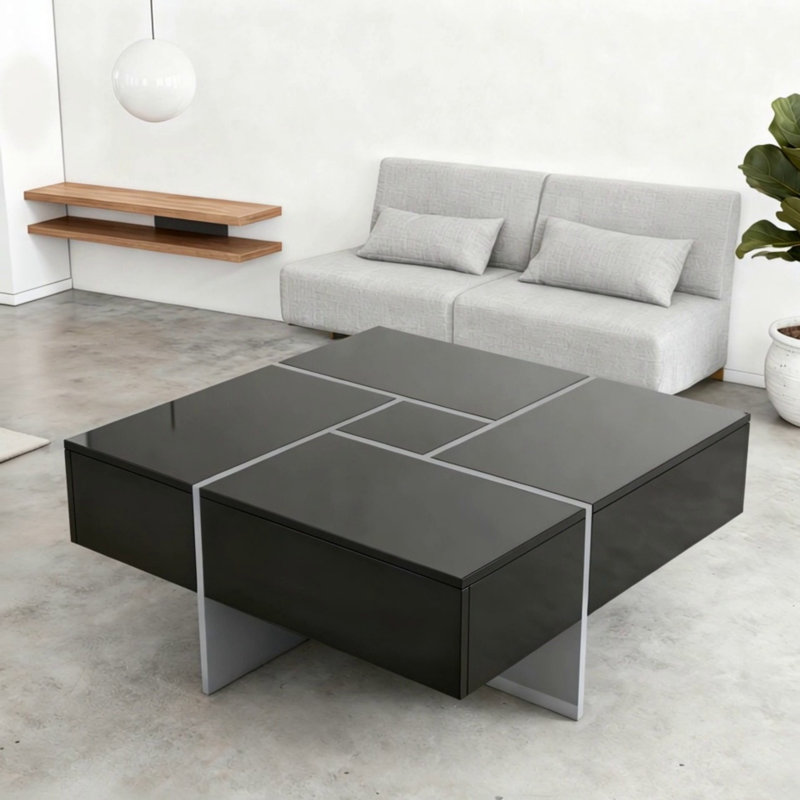 Unique Design Coffee Table With 4 Hidden Storage Compartments, Black 