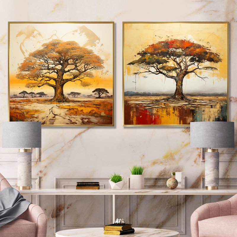 Arbre sauvage d'Afrique, ensemble de 2 reproductions d'art sur toile, Encadrement doré, H 16 po x l 33 po x P 1 po