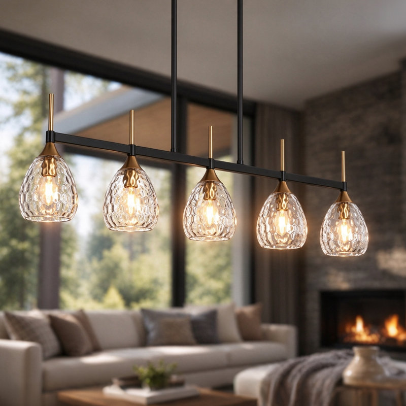 Luminaire pour îlot de cuisine Teandrea à 5 lumières, largeur 47 pouces, or/noir
