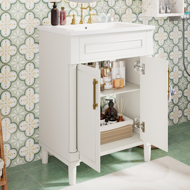 Meuble-lavabo compact 24 po - lavabo intégré en céramique, 2 portes, lavabo simple pour petites et moyennes toilettes, Blanc