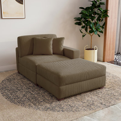Upholstered Corduroy Modular Chaise Lounge with Armrests & Throw Pillows by Ebern Designs