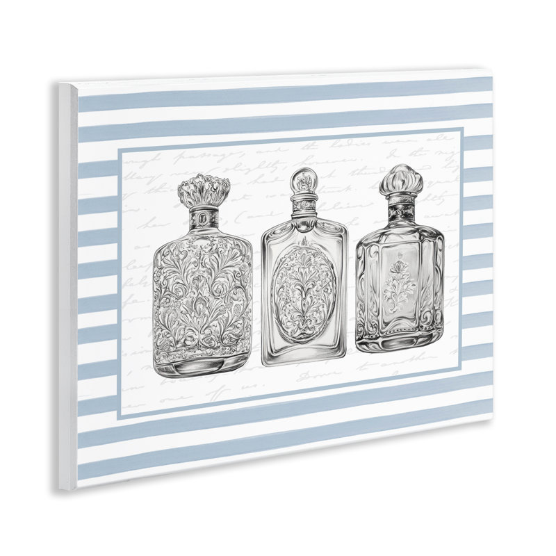 «Ornate Bottles on Blue Stripes», plaque murale avec lettres et lignes
