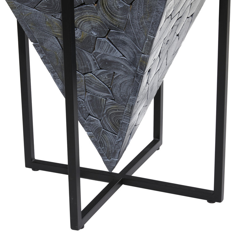 Teak Wood Handmade Mosaic Pyramid Geometric Side End Gray Accent Table with Black Metal Stand