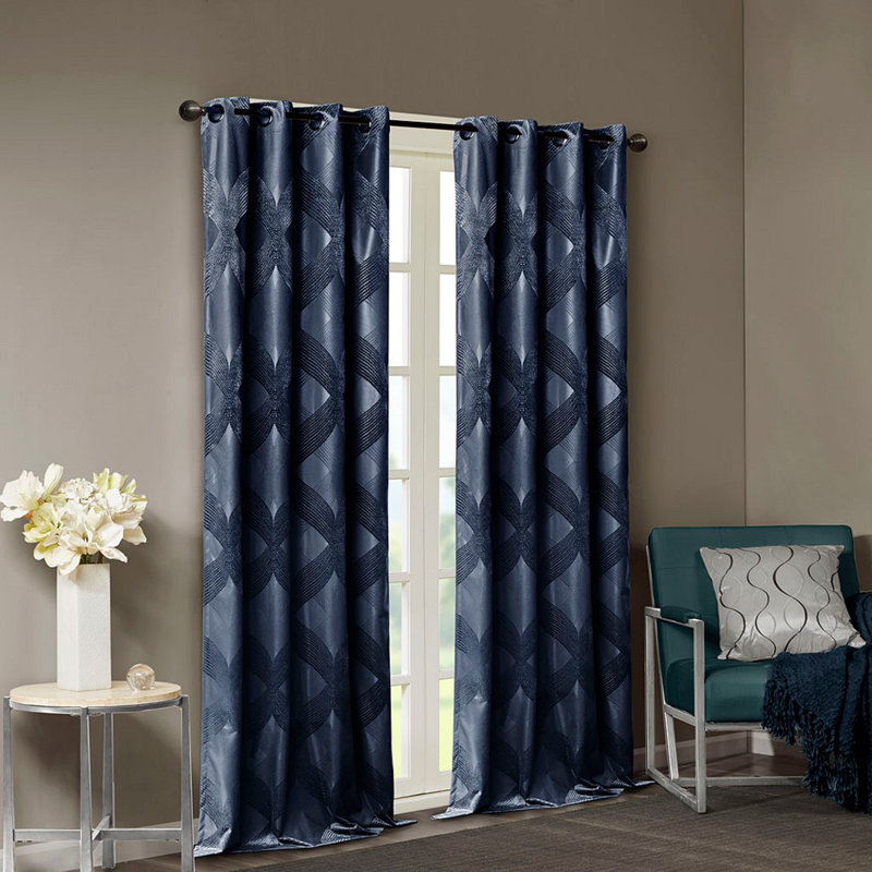 Ogee Knitted Jacquard Total Blackout Curtain Panel(Only 1 Pc Panel), 50" W x 84" L, Navy