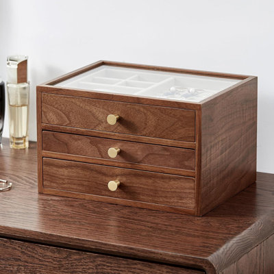 Boîte à bijoux en bois pour femme - Organisateur de bijoux à 3 couches avec couvercle en verre, rangement en bois de noyer pour colliers, bagues, boucles d'oreilles et montres, cadeau élégant pour les femmes