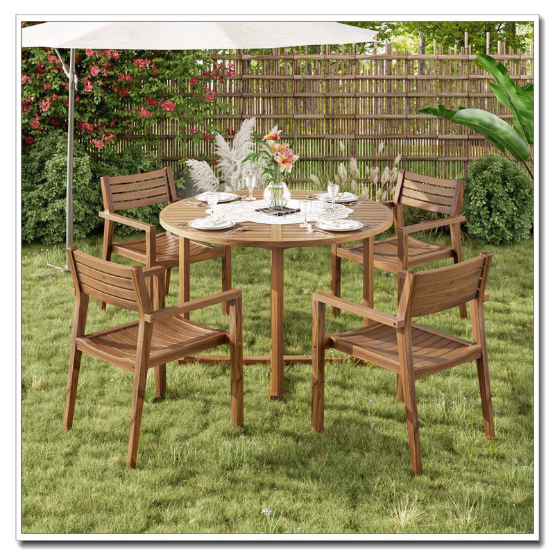 Ensemble de salle à manger 5 pièces rond en bois d'acacia avec design à lattes, Naturel