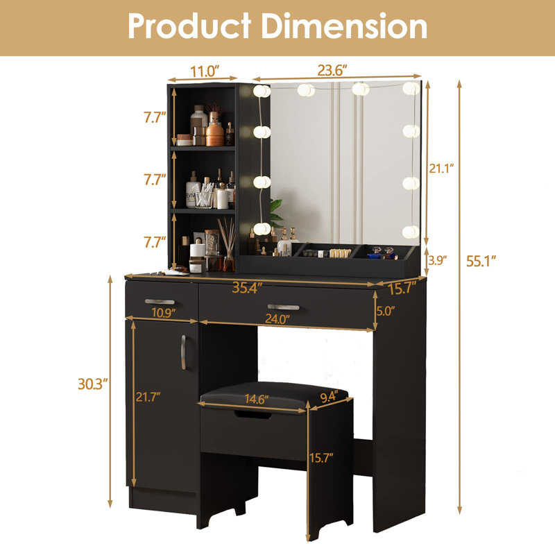 35.4'' Wide Vanity Set with Stool and Mirror, Black