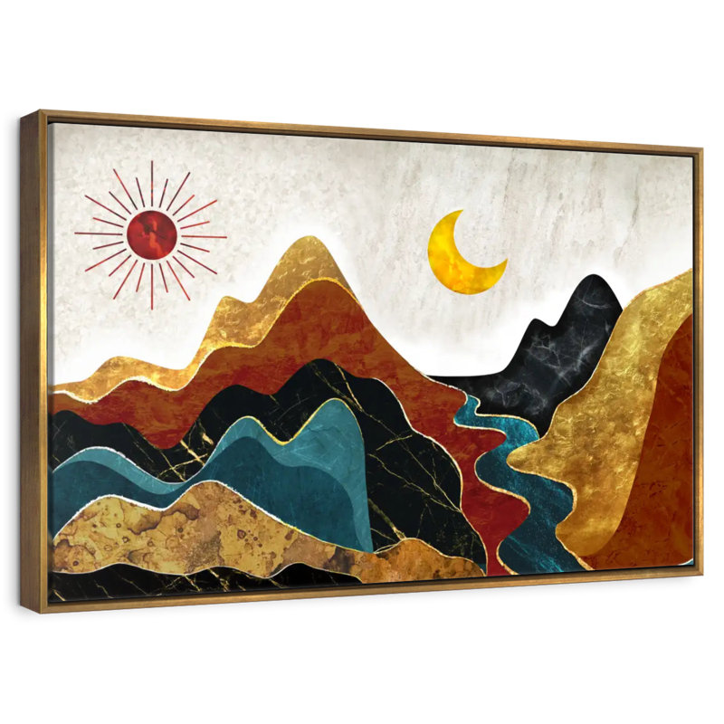Paysage de montagne texturé abstrait, 46 po x 31 po, Cadre flottant doré