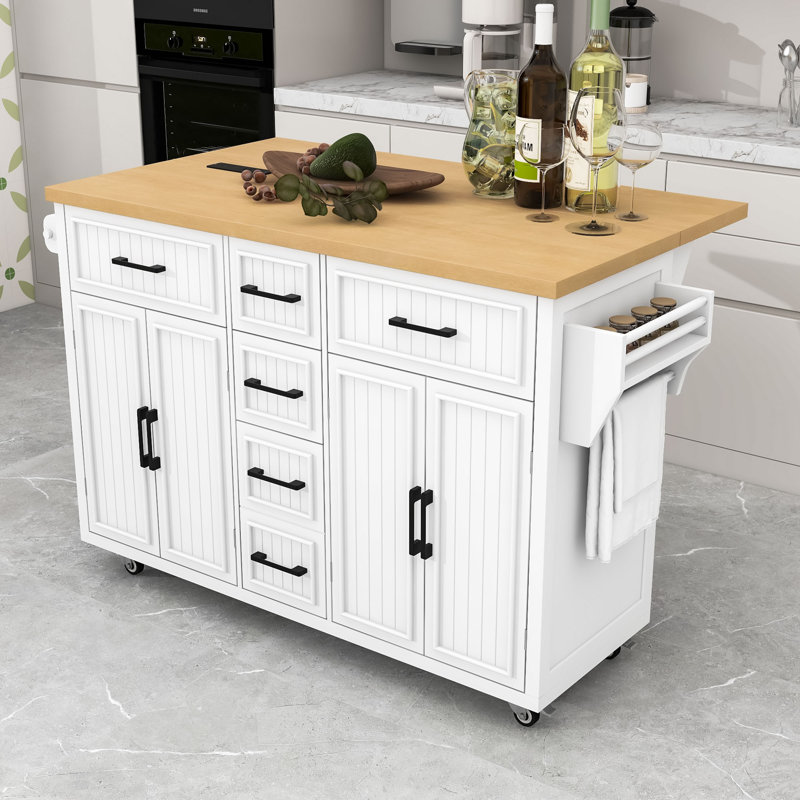 Rolling Kitchen Island Cart with Drop Leaf, Power Outlet, 5 Drawers and Adjustable Shelves, White