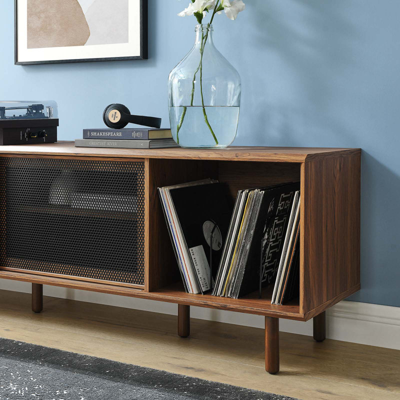 Walnut 67" TV and Vinyl Record Stand with Metal Mesh Doors