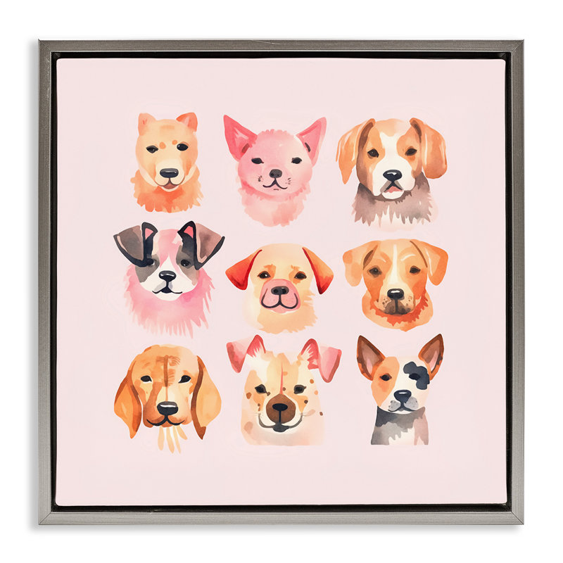 "Whimsy Dog Parade", art mural sur toile flottante par Andrea Haase, Cadre flottant gris lustré, H 18 po x l 18 po