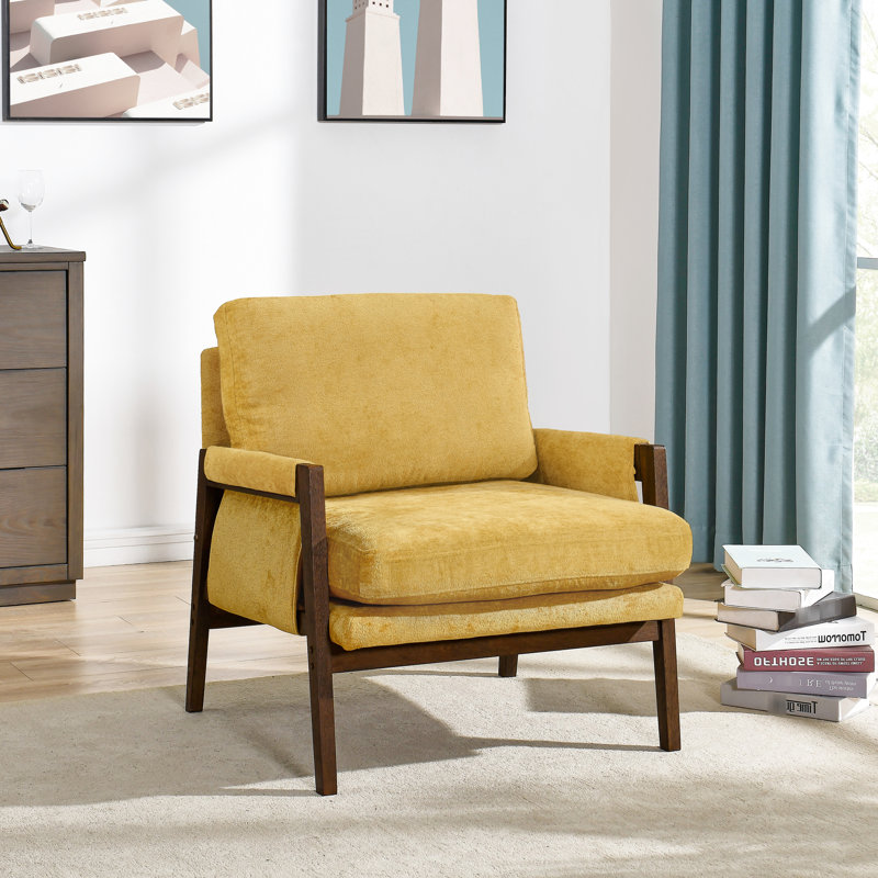 Fauteuil Mid-Century moderne jaune - Rembourrage en velours doux pour chaise de chambre à coucher et de maison, revêtement