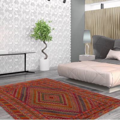 Tapis bleu sarcelle en laine noué à la main de conception unique 4 pi 11 po x 6 pi 4 po New Age