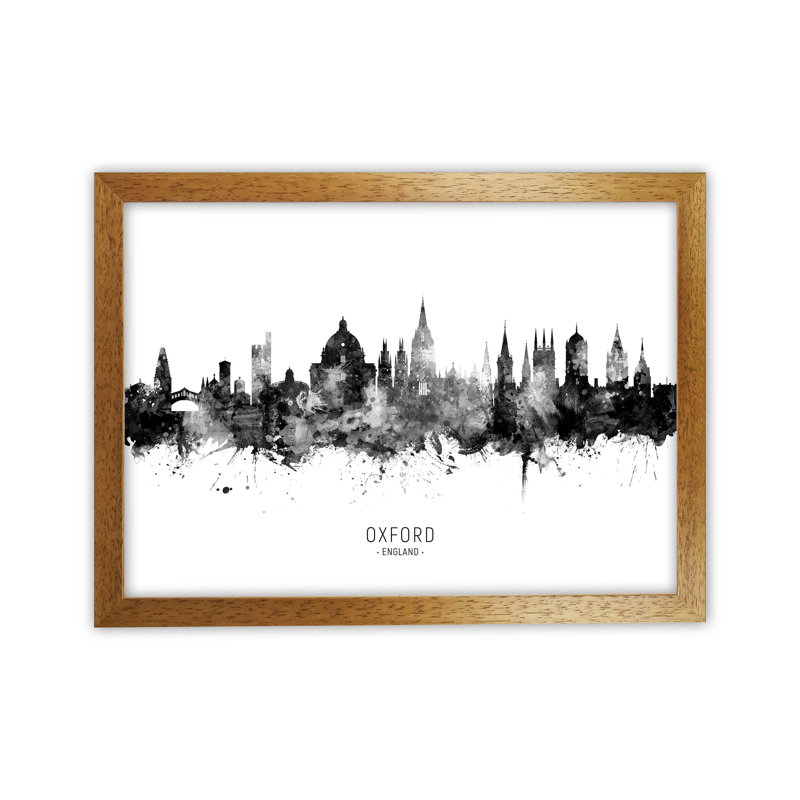 Oxford England Skyline Black White City Name by Michael Tompsett - Print, Brown Framed, 64cm H x 88cm W x 3cm D