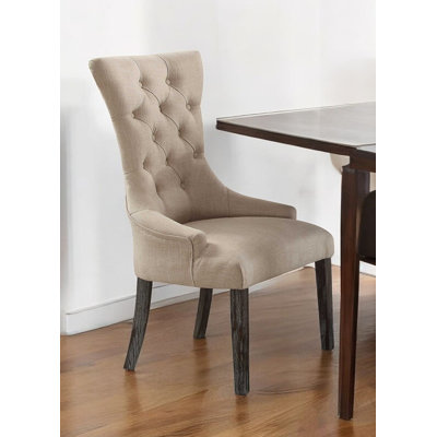 Set of Two Beige Linen Tufted Parsons Chairs with Dark Brown Finish