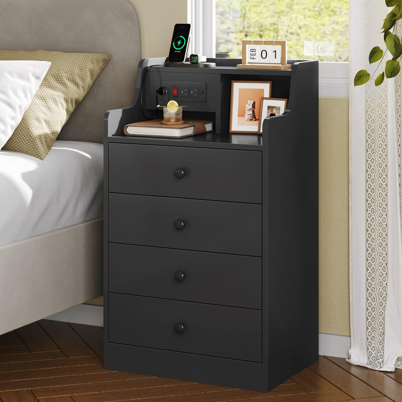 Nightstand With Charging Station, Night Stand For Bedroom,end Table With Hutch And 4 Drawers, Black
