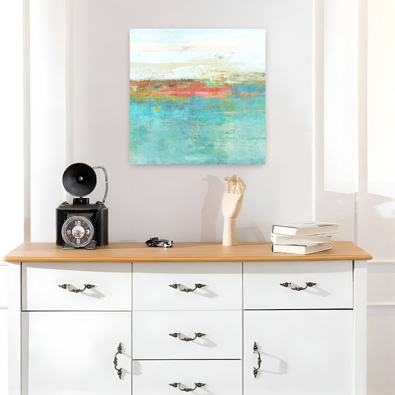 August Haze, art contemporain de paysage côtier abstrait, H 18 po x l 18 po