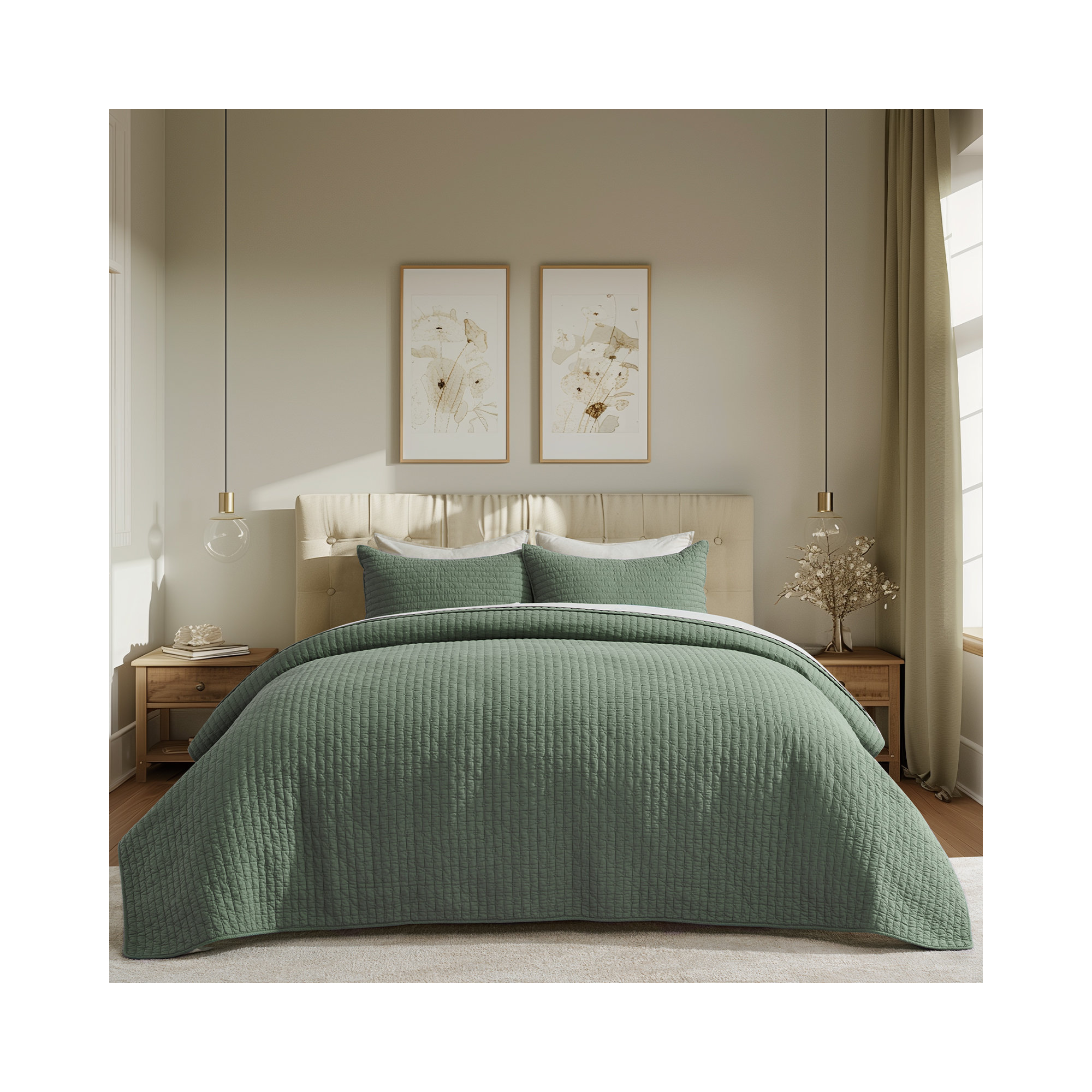 Cross Stitch Cotton Quilt set, Olive Green, Queen
