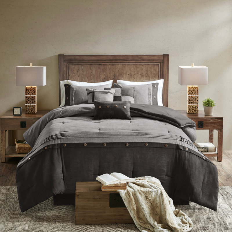 Édredon gris en faux suède avec coussins décoratifs et plateforme de lit 7 pièces