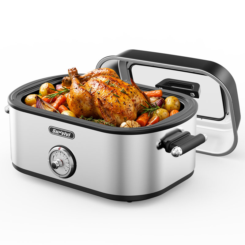24 Qt Electric Turkey Roaster Oven with Self-Basting Glass Lid and Defrost and Keep Warm Functions