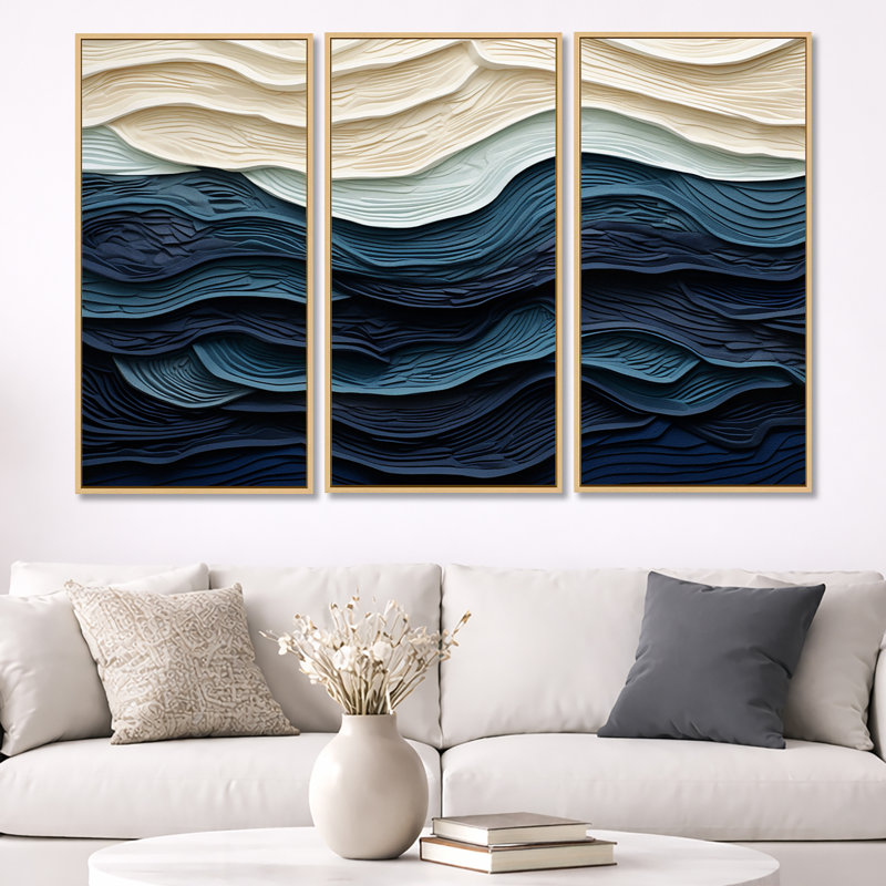 Bord de mer bleu et blanc - art mural minimaliste côtier, H 40 po x l 60 po x P 1 po, Toile tendue