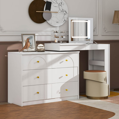 Vanity Desk With Mirror And Lights, Makeup Vanity Table With Flip-Top Tabletop And Drawers,Shelves