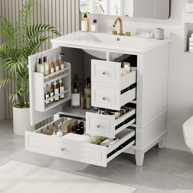 Bathroom Vanity with Sink,One Door with Shelf and Three Drawers, White