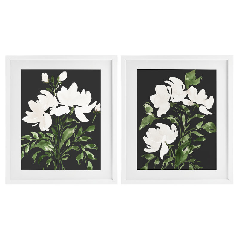 Ensemble de 2 impressions encadrées sous verre White on Black Blooms, design par Lucille Price, Coastal White Frame