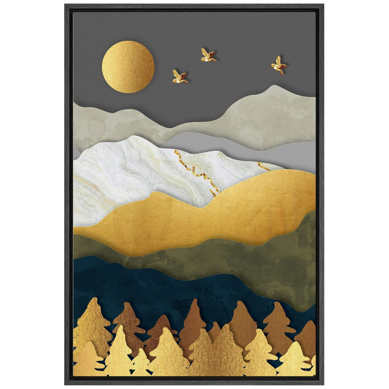 Montagnes dorées, vertes et noires avec des pins, impression sur toile, Noir, H 36 po x l 24 po x P 1,5 po