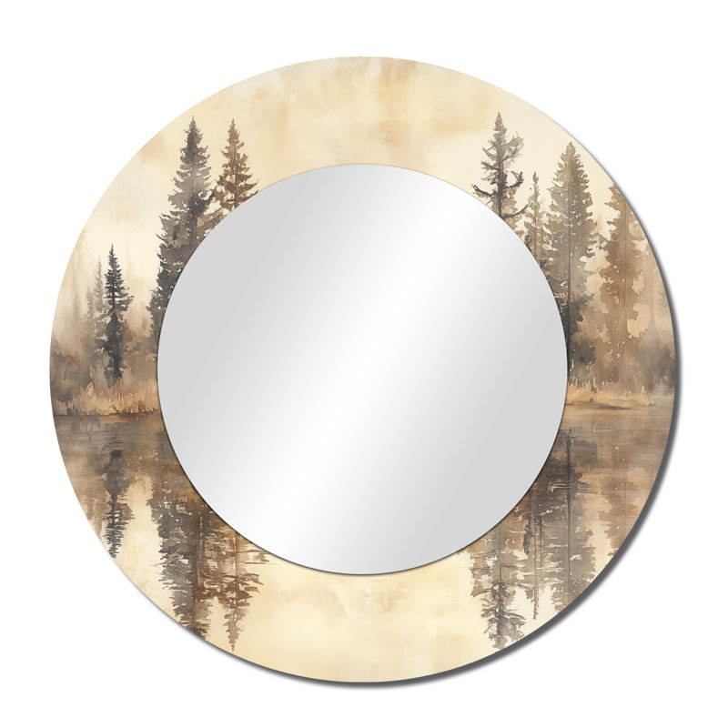 «Forest at the Lake» - Miroir d'appoint rond surdimensionné Lodge, reproduction métallique, 36" x 36"