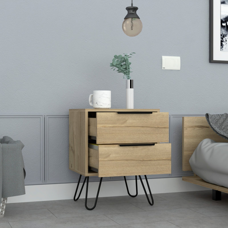 Table de chevet H 22 po, quatre pieds en épingle, deux tiroirs, chêne clair, Beige