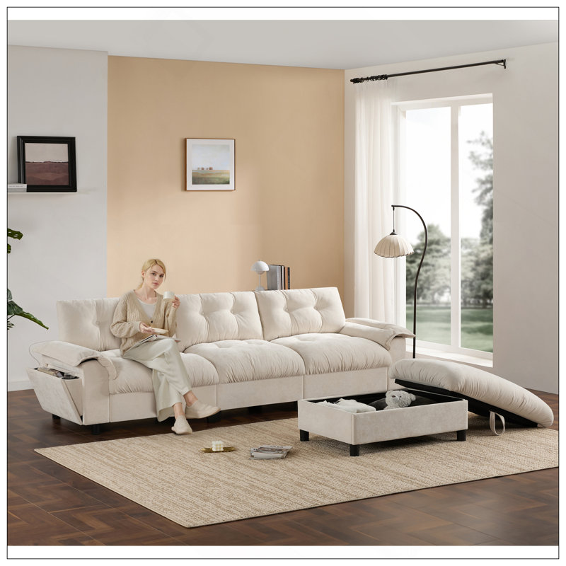Canapé modulaire de 104 po x 60 po, en forme de L avec accoudoirs multifonctionnels, double port de charge, porte-gobelet, poches de rangement latérales, repose-pieds de rangement mobile, conception capitonnée unique, coussin moelleux, chenille, 3 couleurs