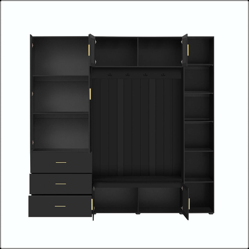 American Style 4-in-1 Hall Tree with Padded Bench & Adjustable Shelves, Antique Black