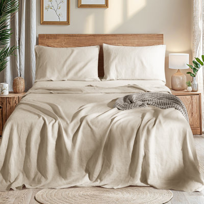 Natural Linen Cotton Bed Sheets Set，Deep Pocket- 4 Pcs