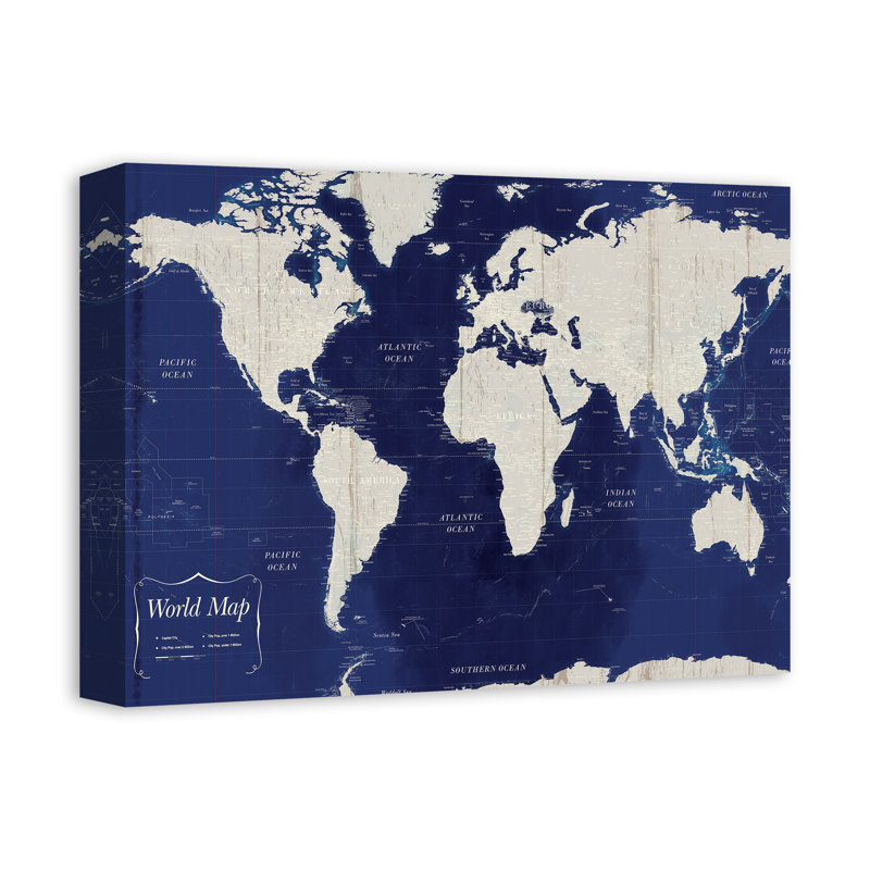 Carte du monde bleu marine sur toile, H 12 po x l 16 po x P 1,25 po