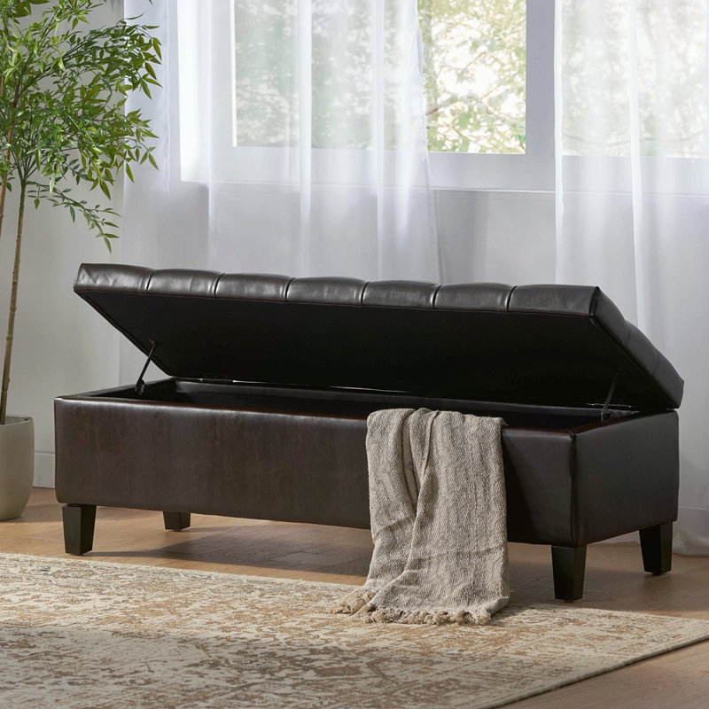Banc repose-pieds avec rangement, surface en polyuréthane brun foncé, pieds en bois d'hévéa, capacité de 300 lb