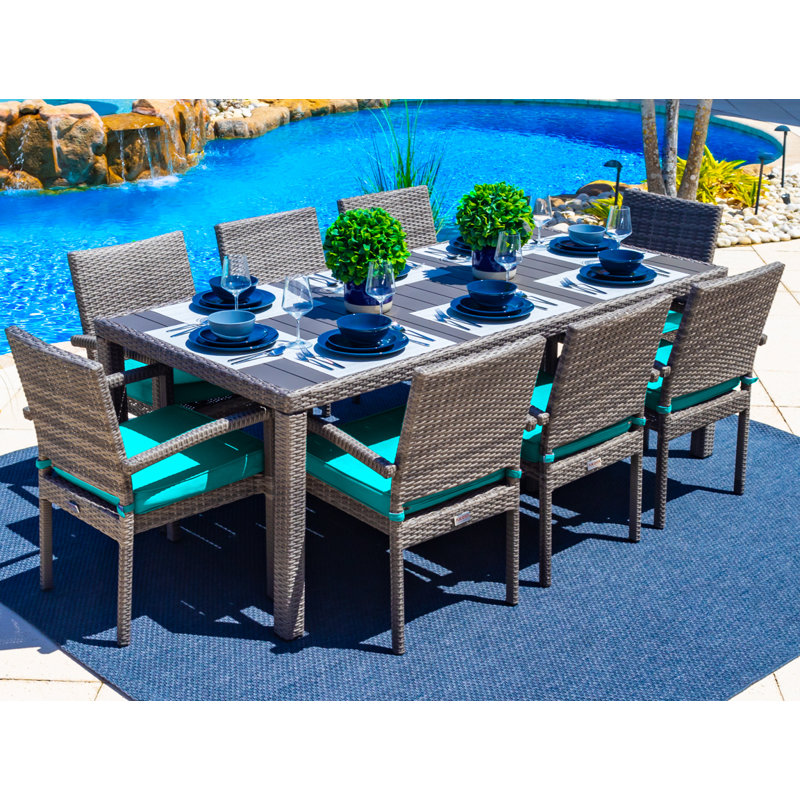 Sorrento 8 - Person Wicker Patio Dining Set with Rectangular Table , Cushions Included, Aruba