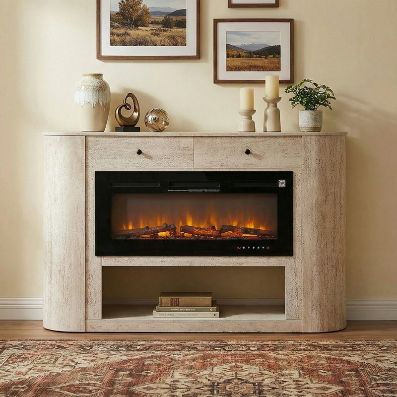 Aethera 63" Travertine Electric Fireplace Sideboard