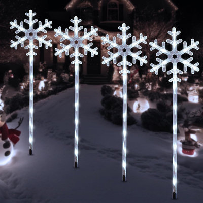 Solar Christmas Pathway Lights Outdoor Decorations, Solar Powered Snowflake Lights, Waterproof Xms Garden Stake Lights Outdoor Christmas Decorations For Patio Yard Porch Lawn, 4 Pack